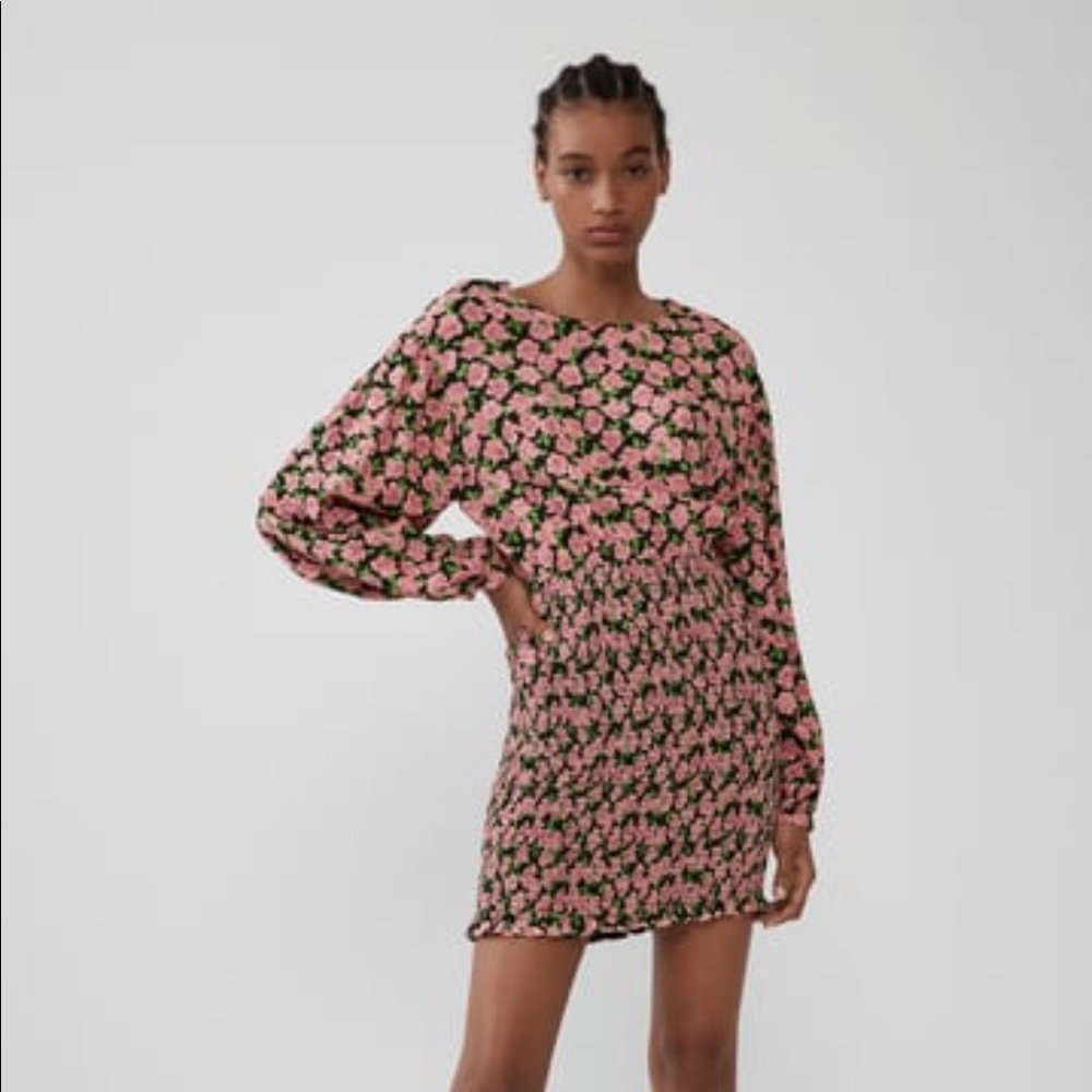 Zara XS Elastic Print Dress Pink & Green Floral